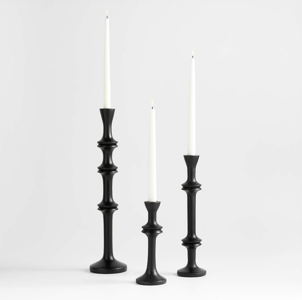 Century Black Acacia Wood Taper Candle Holders