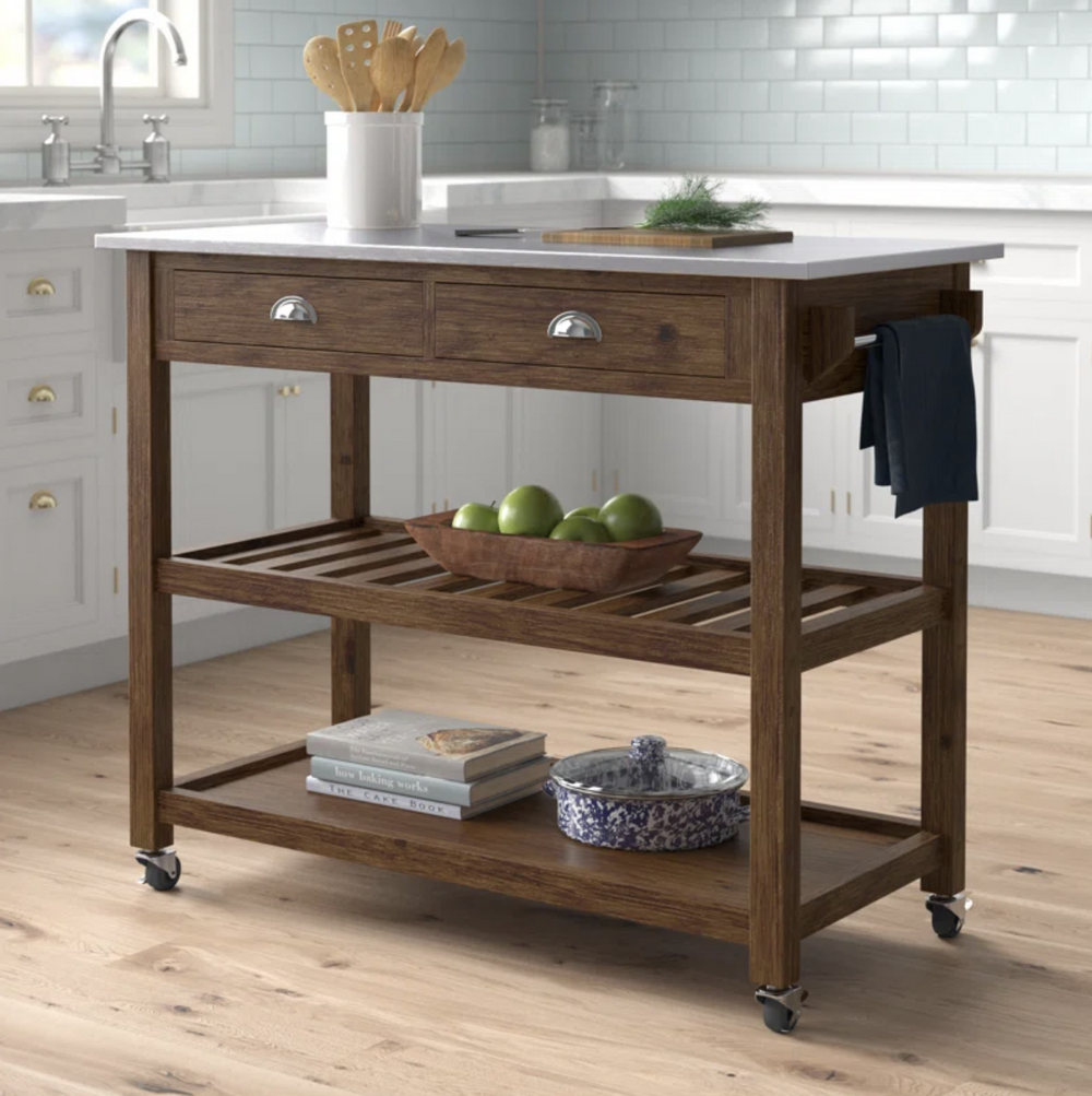 Behling Solid Butcher Block Kitchen Island with Baskets and Storage Shelf