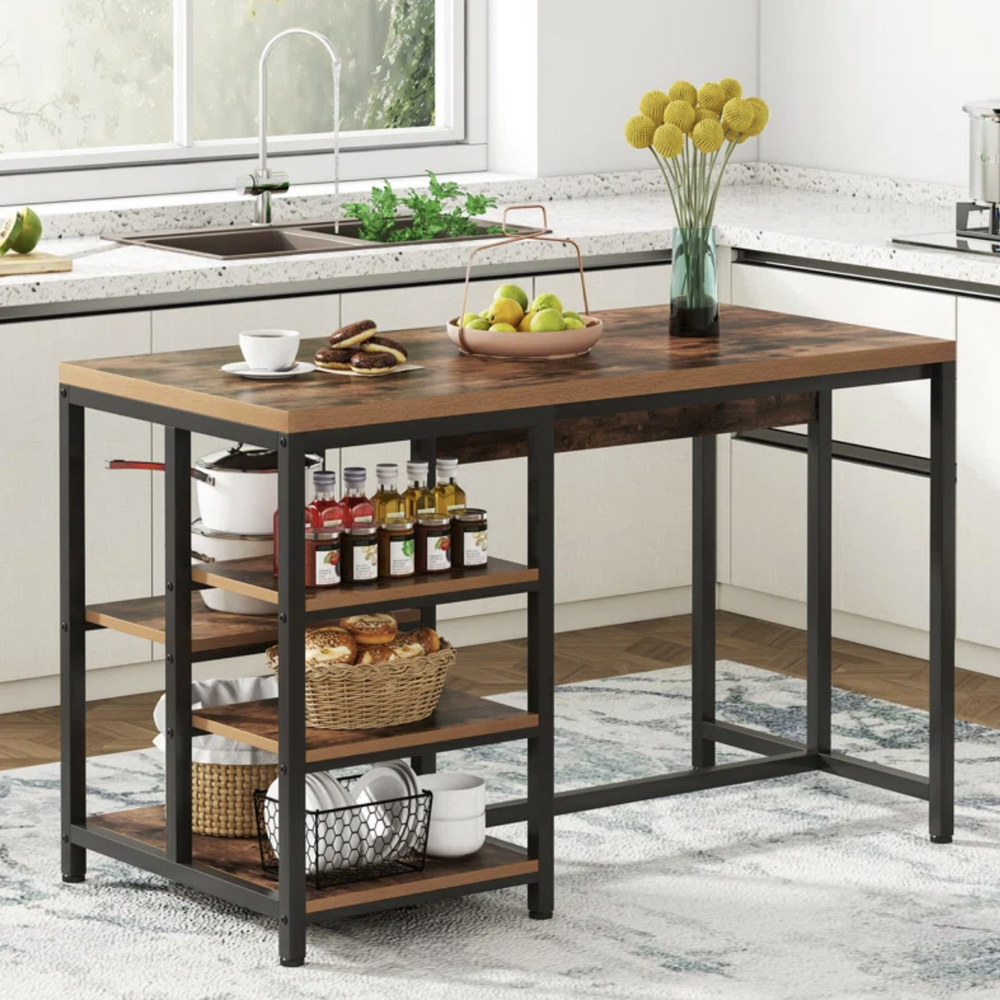 Behling Solid Butcher Block Kitchen Island with Baskets and Storage Shelf