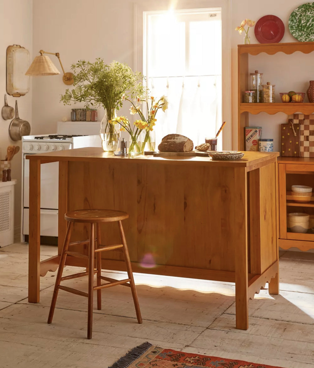 Behling Solid Butcher Block Kitchen Island with Baskets and Storage Shelf