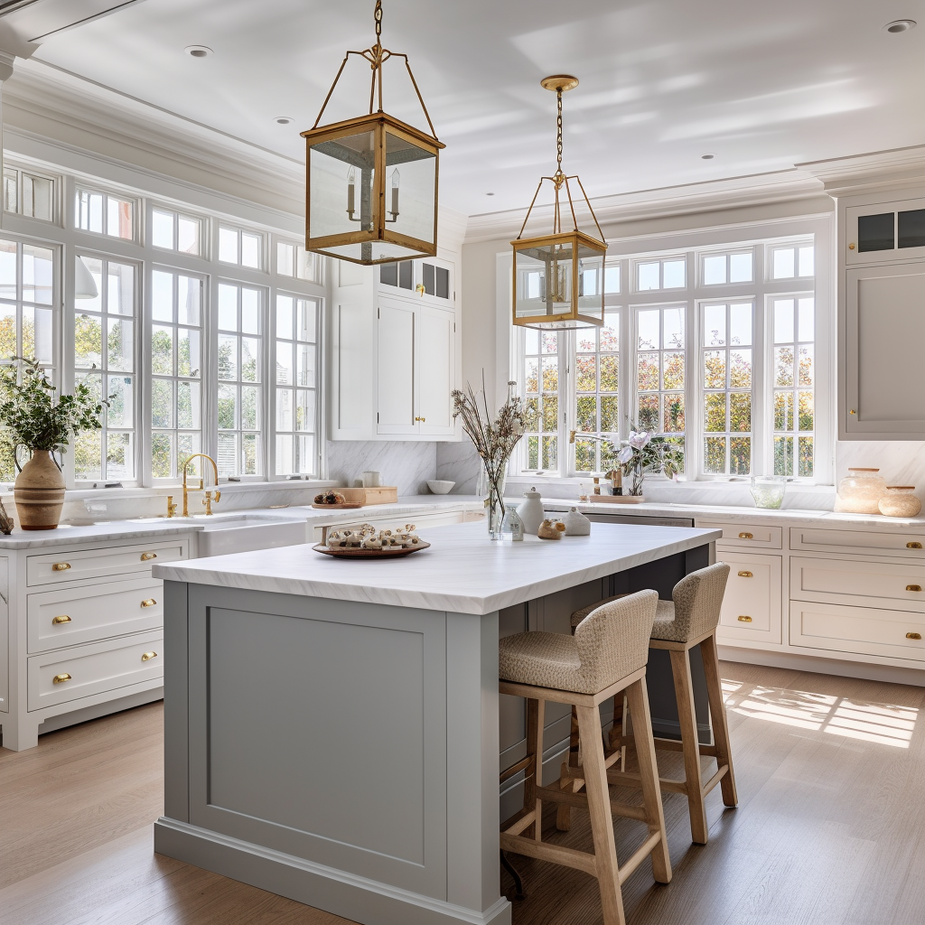 Traditional l Kitchen with blue gray kitchen island and brass pendants 