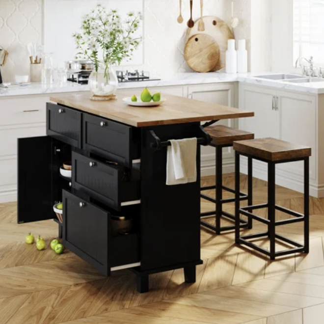 Behling Solid Butcher Block Kitchen Island with Baskets and Storage Shelf