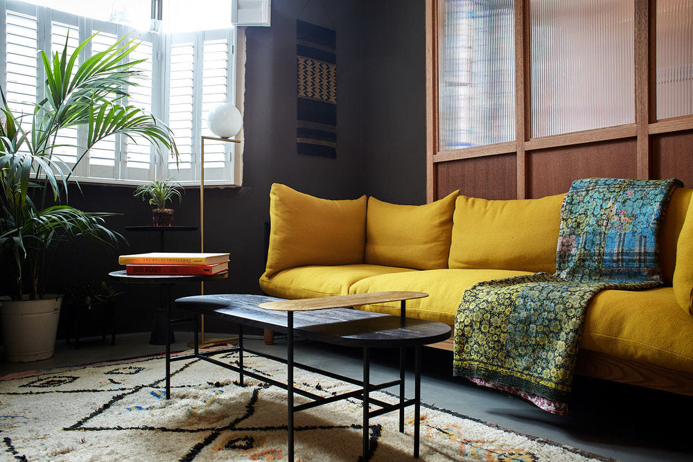 walthamstow victoria terrace styled by a new tribe moroccan rug and yellow sofa