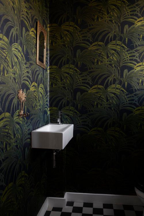 A new tribe dalston town house styling bathroom green plant jungle wallpaper