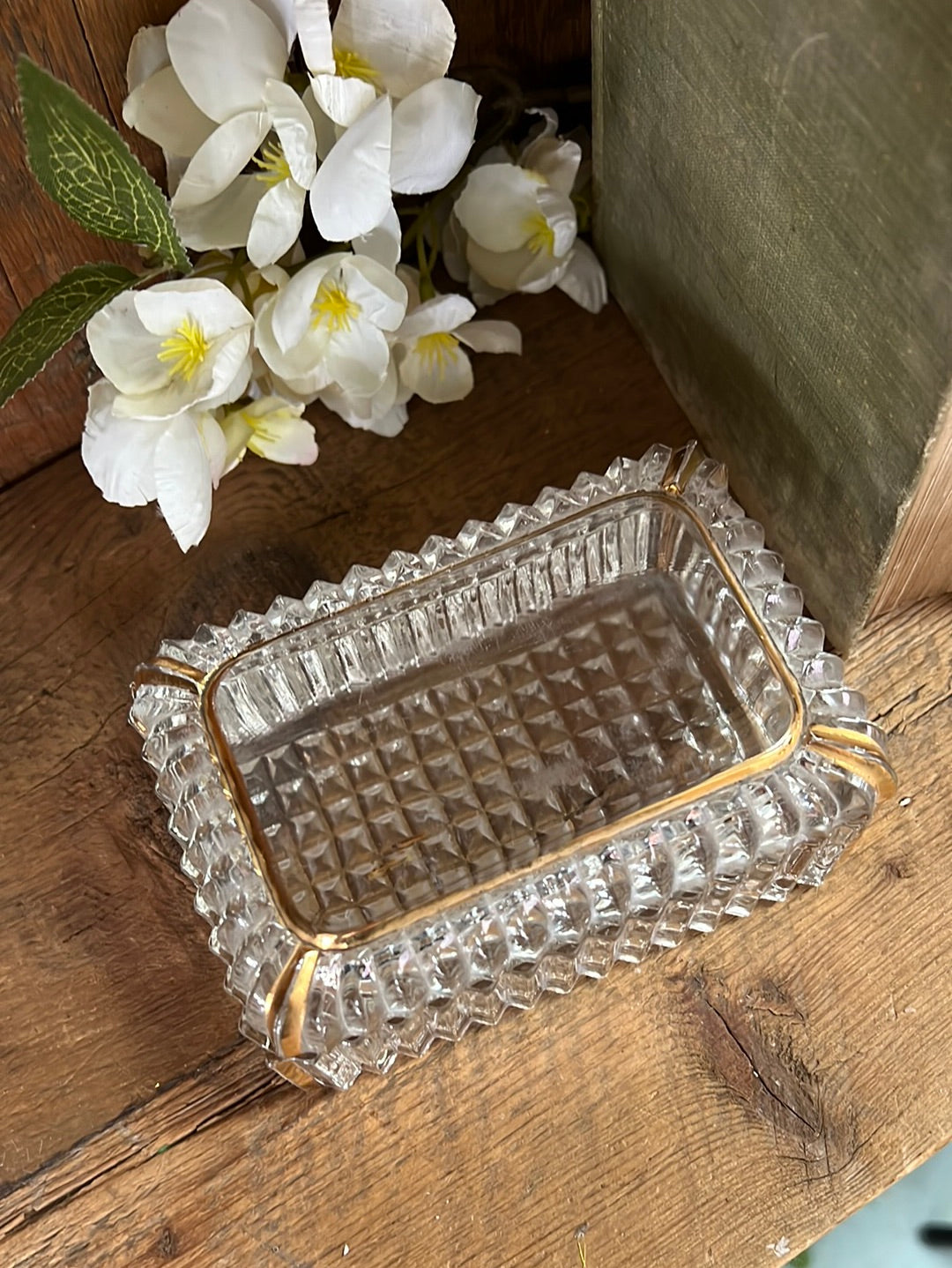 Vintage Textured Gold and Glass Jewelry Box with Lid