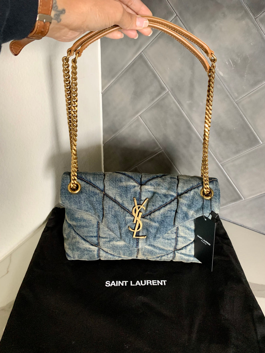 ysl denim puffer small