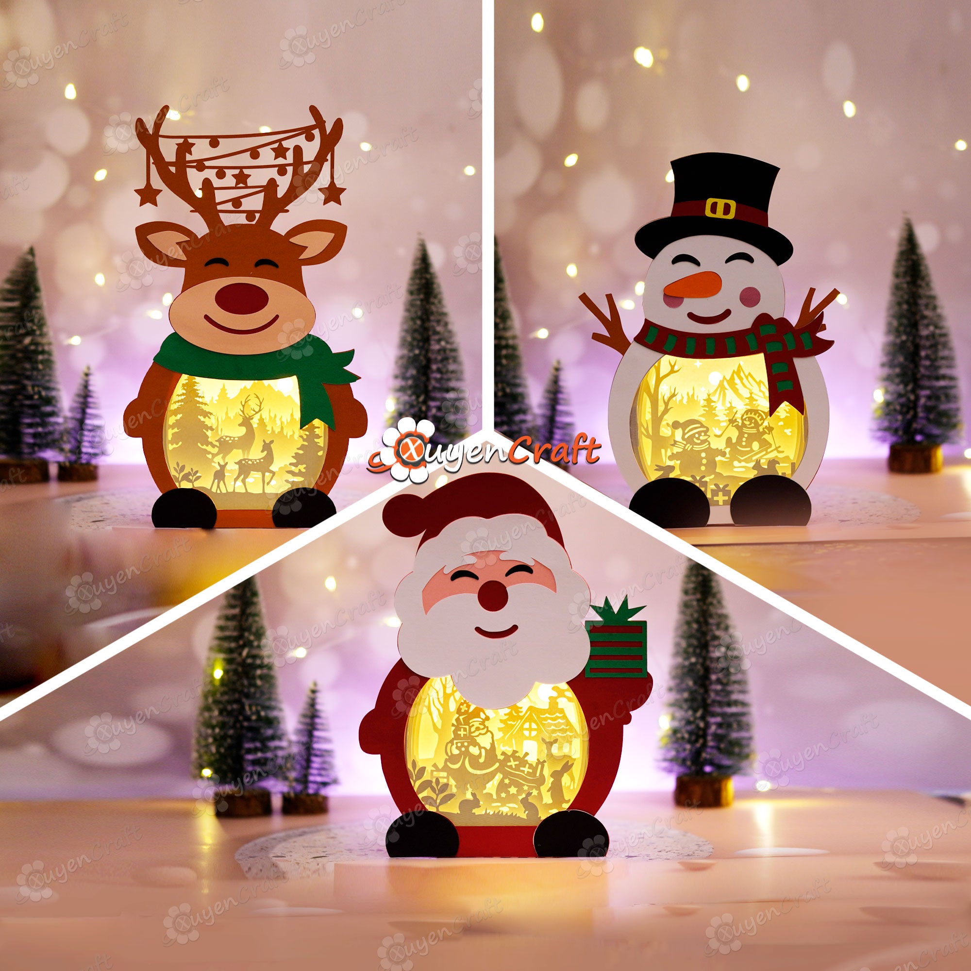Pack 3 Christmas Shadow Box PDF, SVG Light Box for Cricut Projects - DIY Christmas Lantern - Santa Shadowbox, Reindeer, Snowman Lighbox