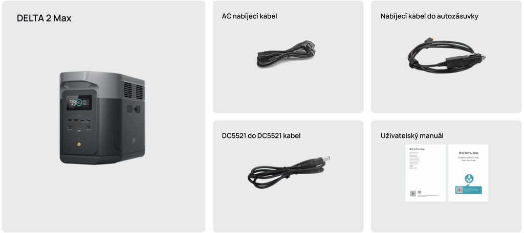 DELTA 2 Max, AC nabíjecí kabel, nabíjecí kabel do autozásuvky, DC5521 do DC5521 kabel, uživatelský manuál.