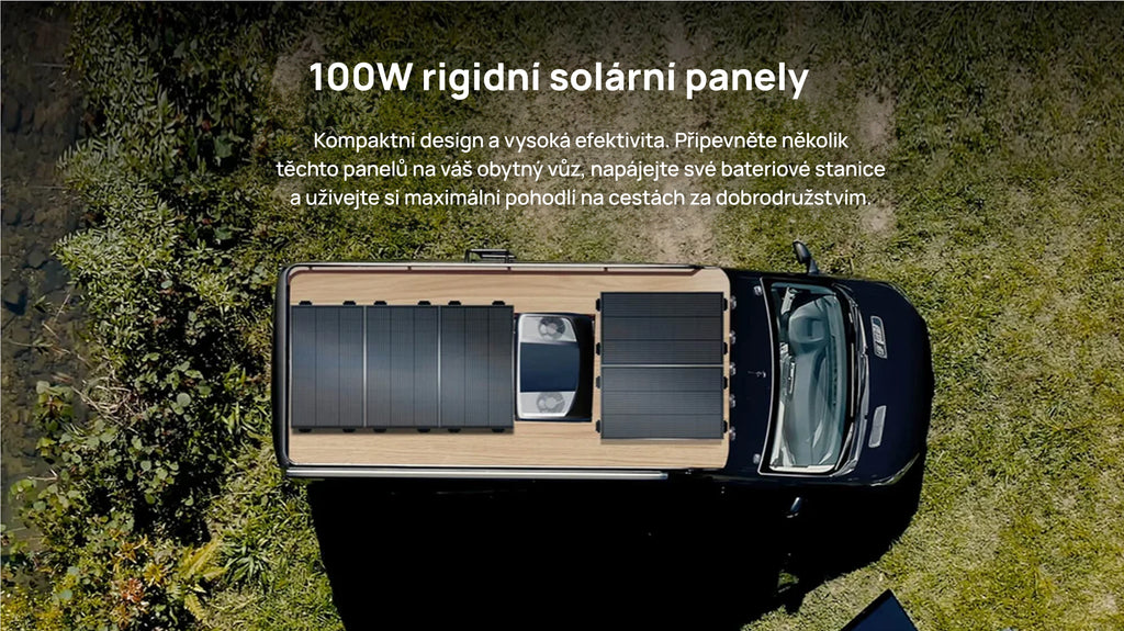 Obrázek instalace panelů na obytný vůz. Užívejte si pohodlné cestování s EcoFlow.