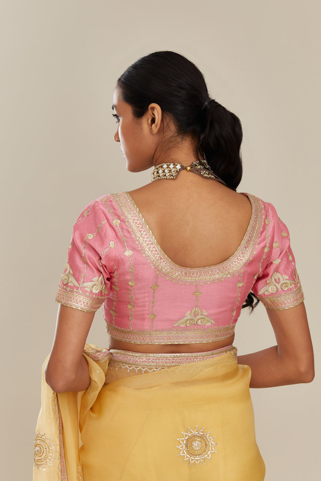 Pink silk chanderi blouse with all-over gold gota and zari ...