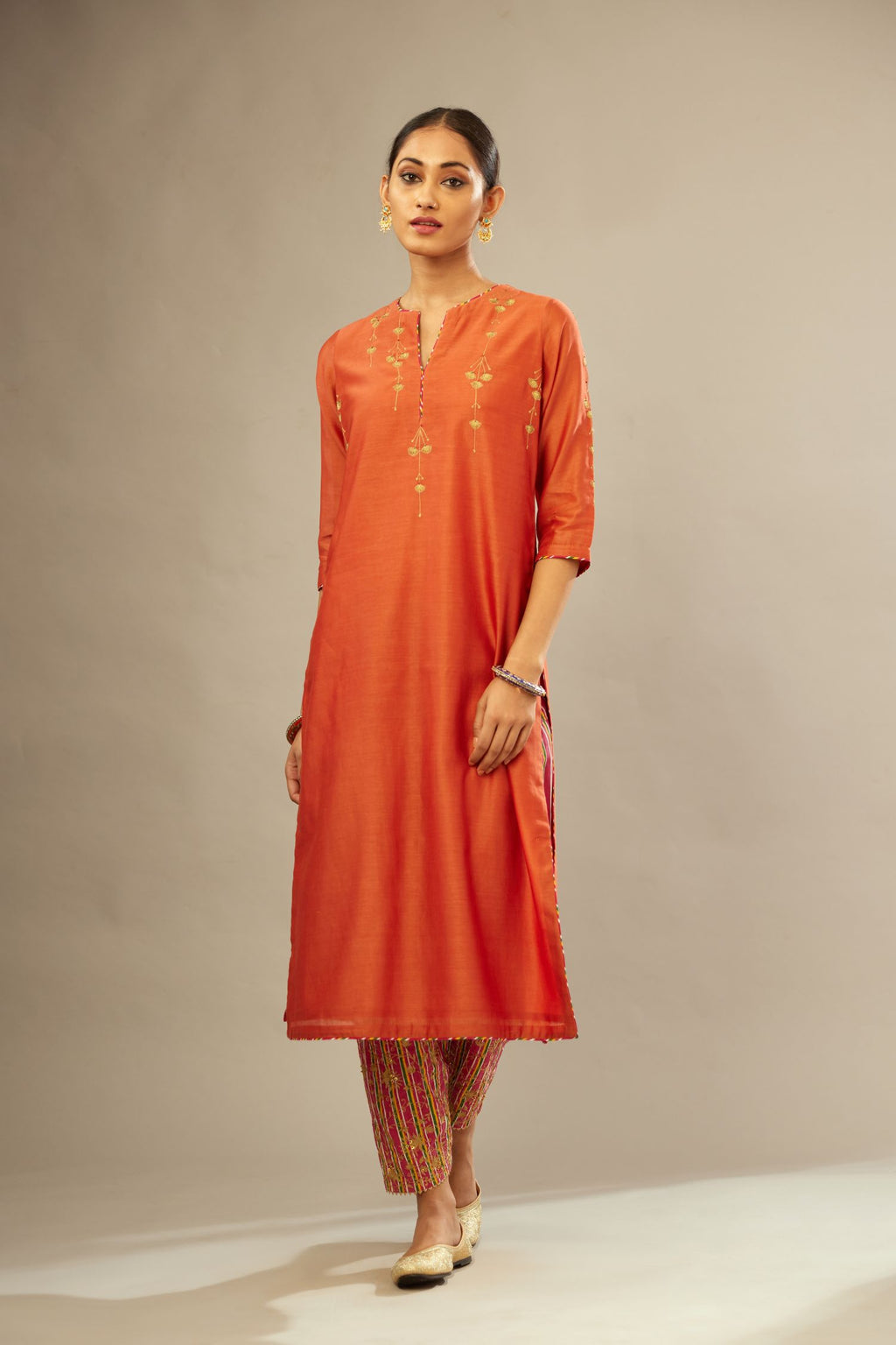 Silk Chanderi straight kurta set detailed with golden zari and ...