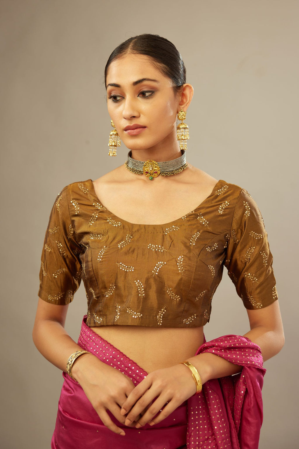 Golden olive silk blouse with princess seams and all-over hand ...