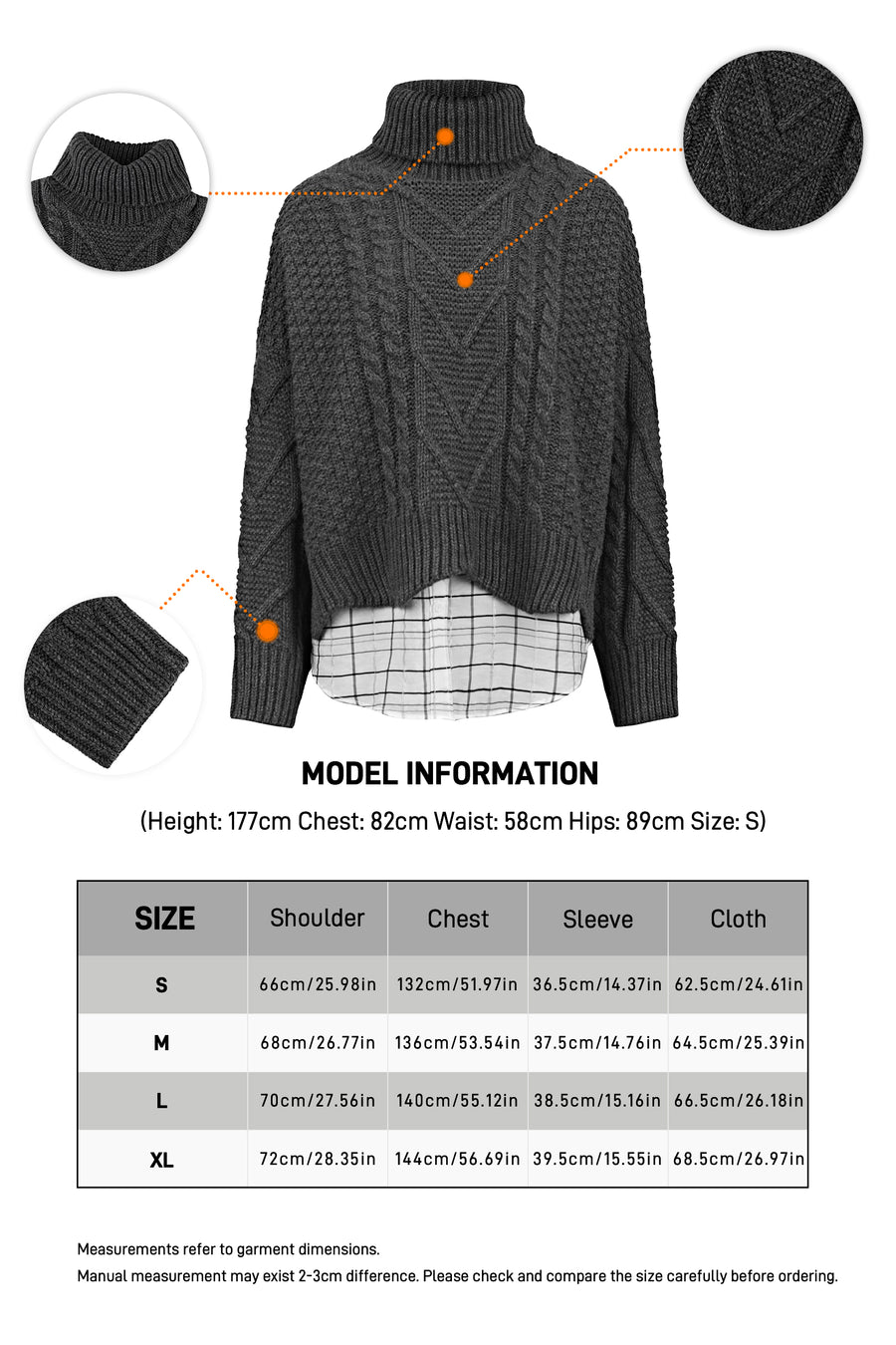 S·DEER Women's Turtleneck Crochet Check Stitching Irregular Knitted Sweater - S·DEER