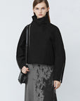 SDEER Black Short Coat With Stand-up Collar And Diagonal Placket Stitching Woolen Cloth - S·DEER
