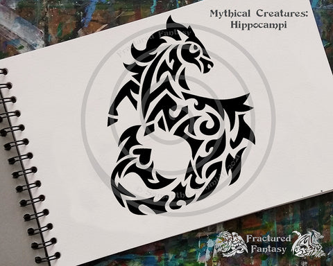 Hippocampi drawn in a fractured tribal art style