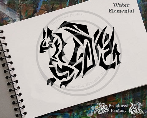 Water Elemental drawn in a fractured tribal art style in a sketchbook