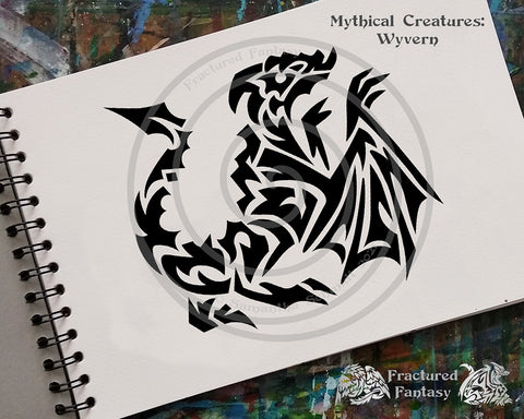 Wyvern drawn in a tribal art style on a sketchbook page. 