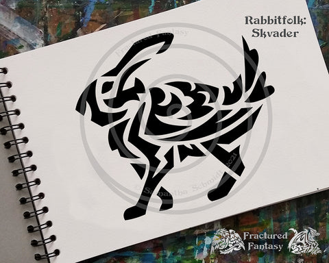 Rabbitfolk: Skvader drawn in a fractured tribal art style on a sketchbook page