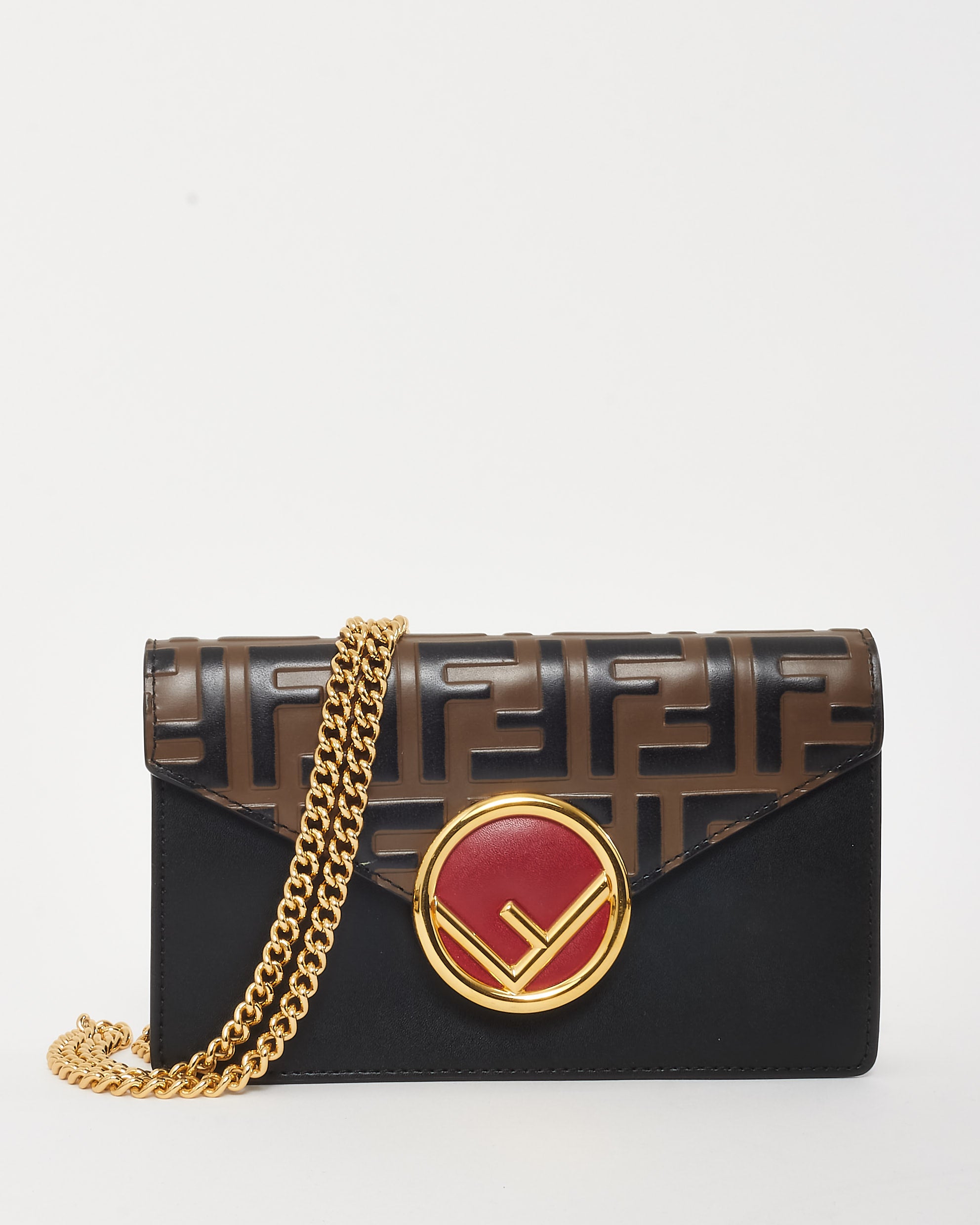 image of Fendi Black & Brown Bi-Color FF 1974 Embossed Leather Envelope Belt Bag w/ Chain