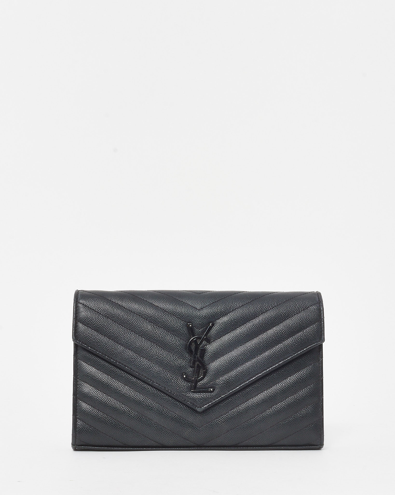 image of Saint Laurent Black Chevron Leather Cassandre YSL Logo WOC Wallet on Chain BHW