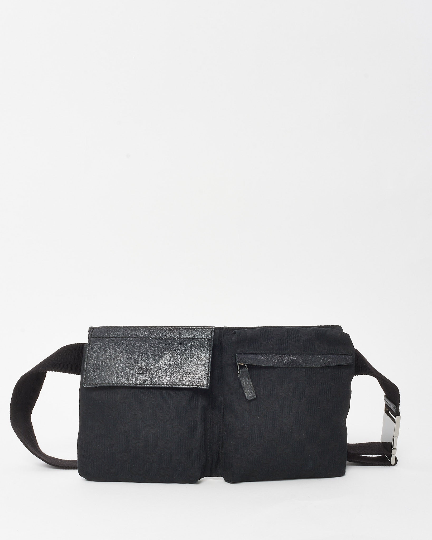 image of Gucci Black Monogram GG Canvas Double Pocket Belt Bag