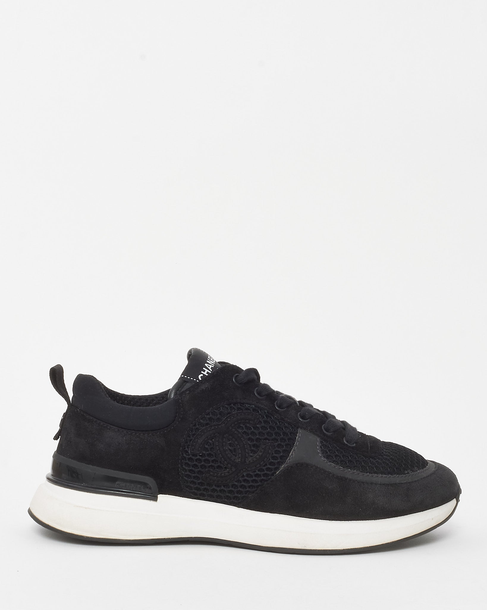 image of Chanel Black Suede and Mesh Lycra CC Logo Sneakers - 38.5