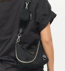 prada nylon reedition on a model wearing a black shirt