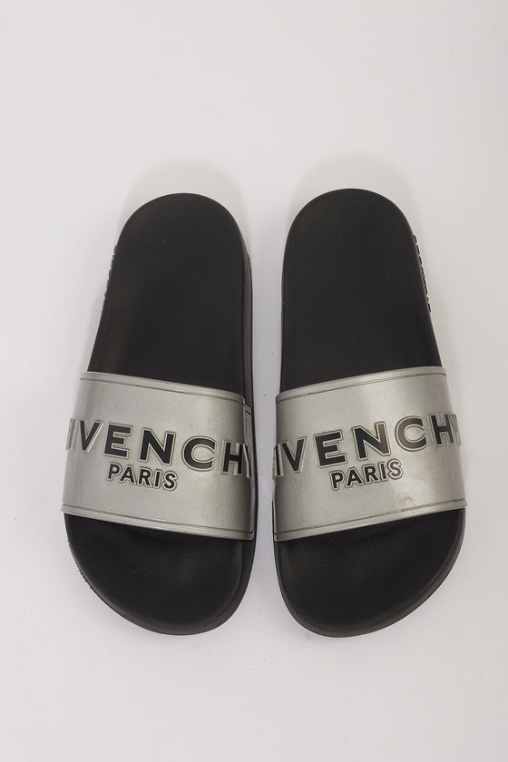 Givenchy Silver Metallic Logo Pool Slides - 39 – RETYCHE