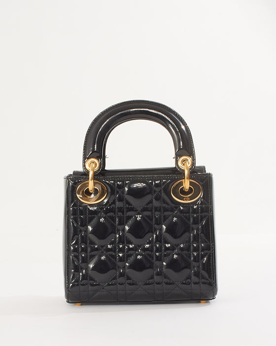 Dior Black Patent Cannage Leather Mini Lady Dior with Gold Hardware