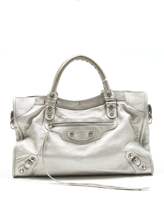 BALENCIAGA Leather Motorcycle City Bag Silver  Luxity