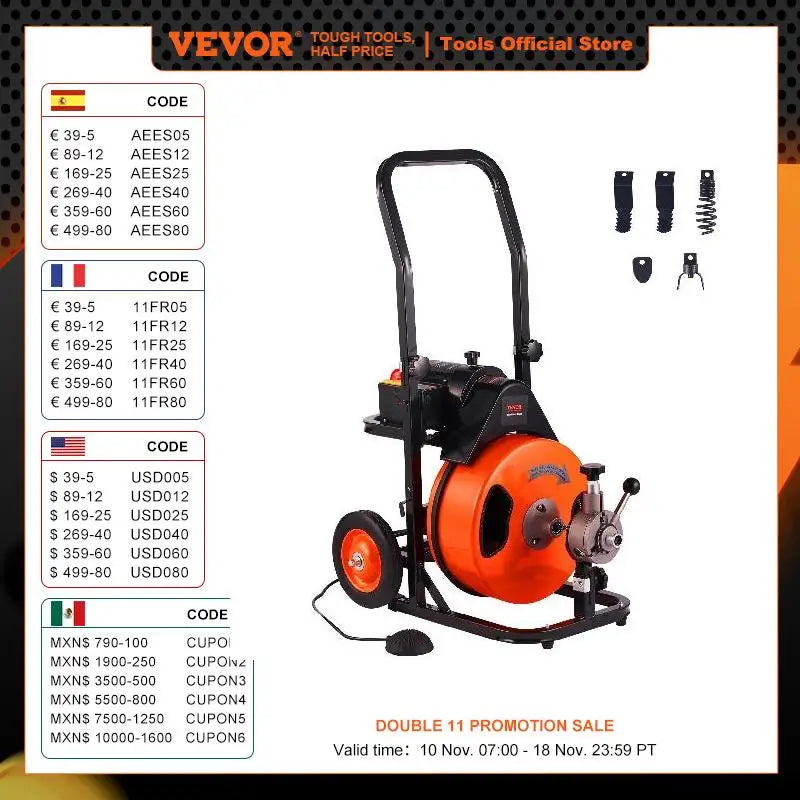 VEVOR Drain Cleaning Machine Sewer Auger Auto Feed with 4 Cutter & Air-activated Foot Switch
