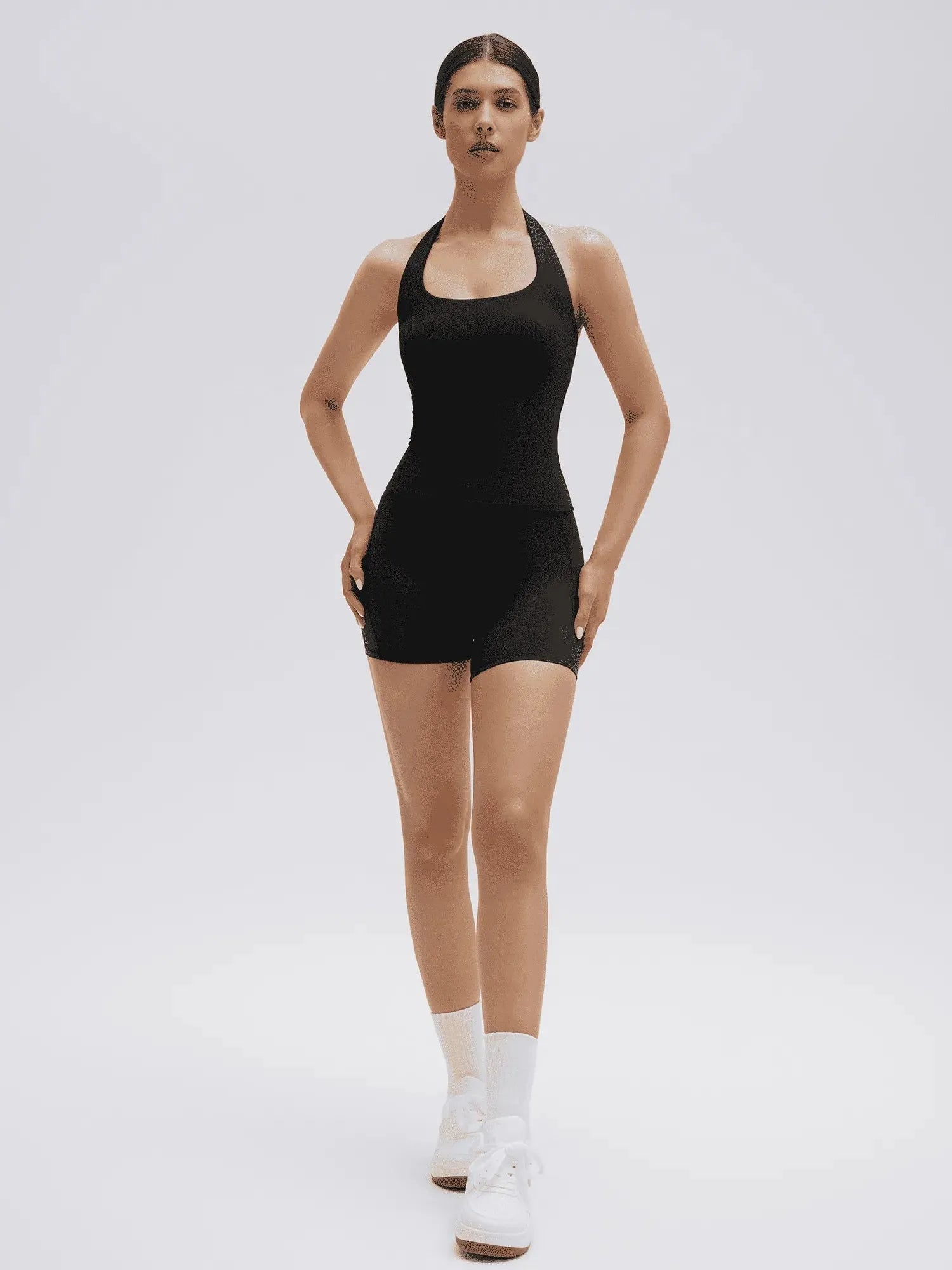 SUUKSESS Women 2 Piece Workout Sets Halter Neck Padded Yoga Tank Tops High Waisted Biker Shorts with Pockets