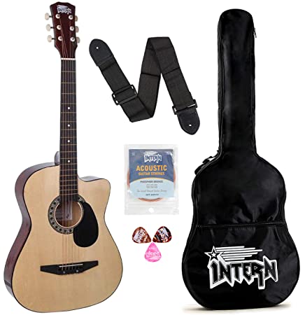 Intern INT-38C Right hand Acoustic Guitar Kit, With Bag, Strings, Pick And  Strap, Black, small : : Musical Instruments