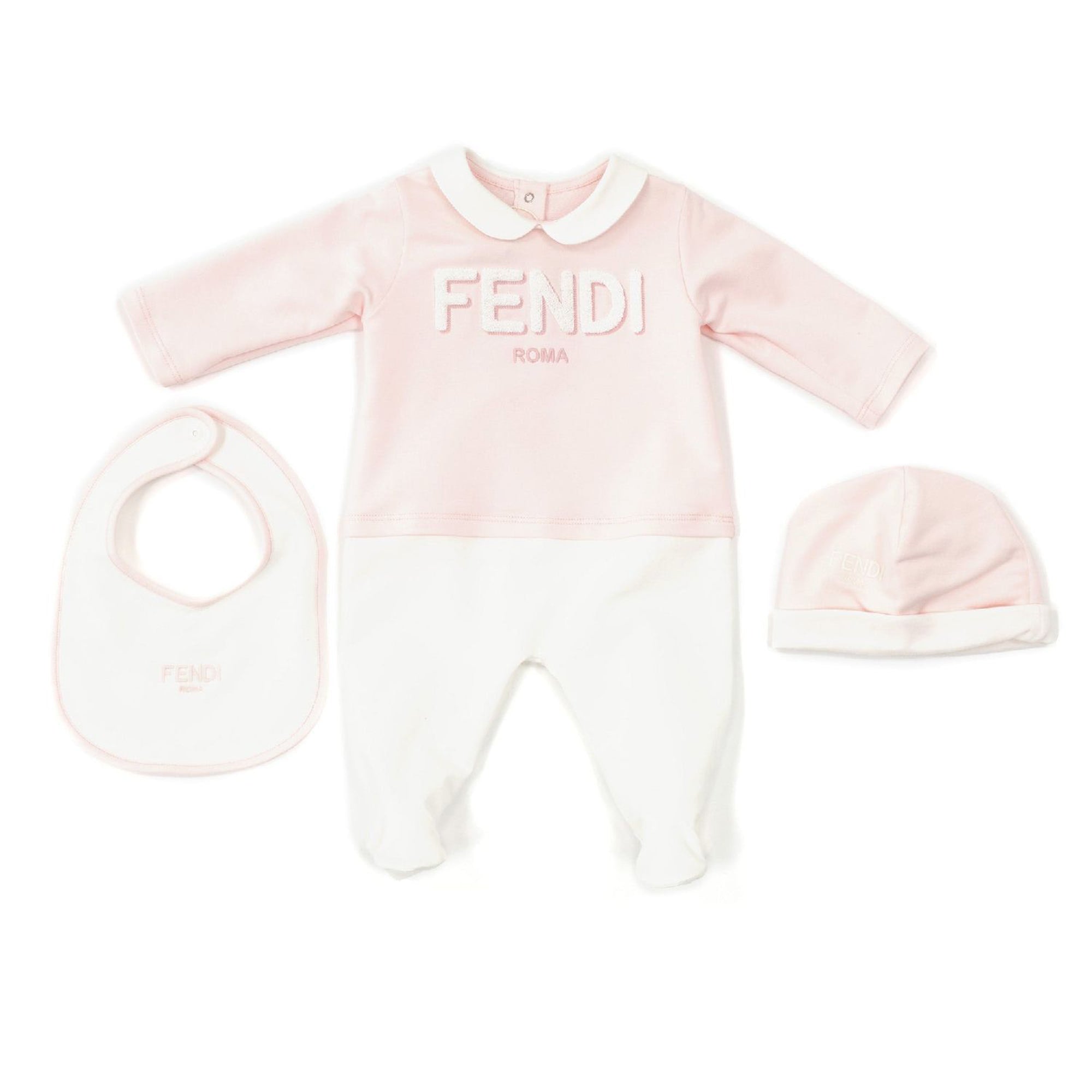 Fendi Baby Girls Babygrow, Hat & Bib Set Pink 6M