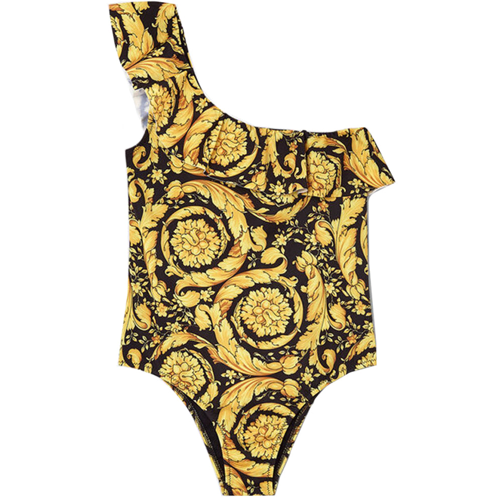 Versace Girls Barocco Print One Shoulder Swimsuit Gold 8Y -  Versace Kids, 1000279 1A02218 5B000 -2