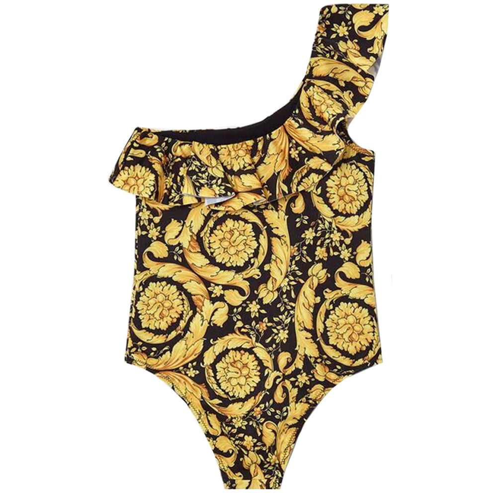 Versace Girls Barocco Print One Shoulder Swimsuit Gold 6Y