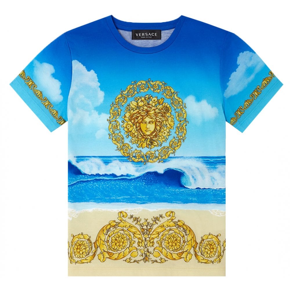 Versace Boys Medusa Beach Print T-Shirt Blue - BLUE 6Y
