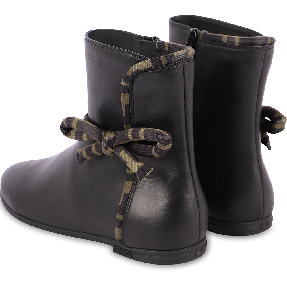 Fendi Girls FF Logo Leather Bow Boots Black Eu32