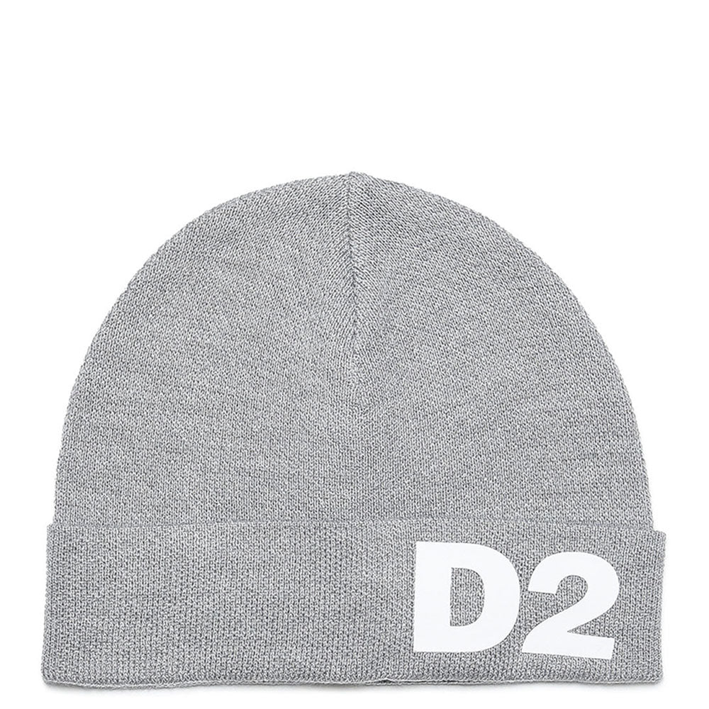 Dsquared2 Kids' Rubberized Logo Wool Blend Beanie Hat In Grey