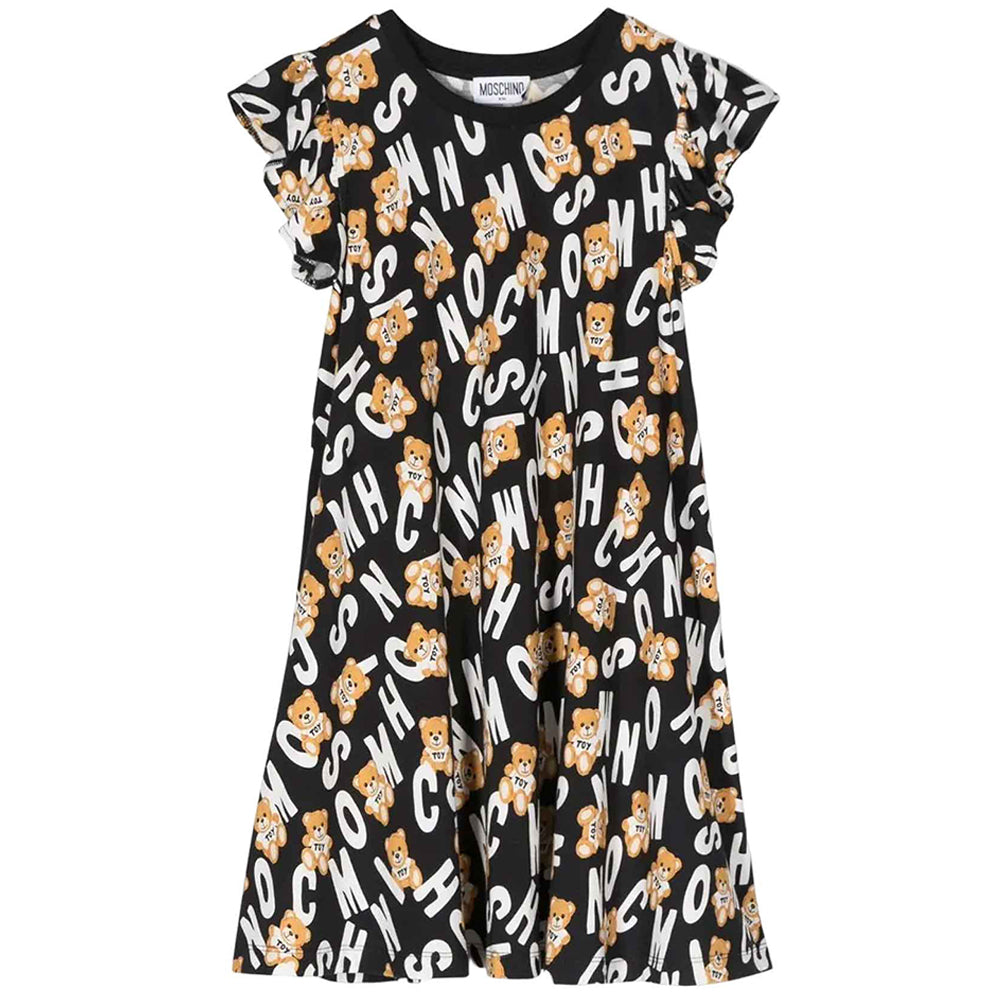 Moschino Girls All-over Print Dress Black 10A TOY FUR