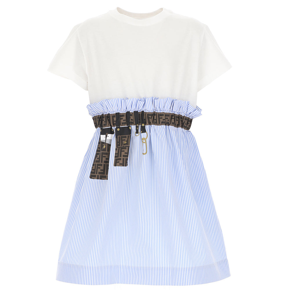 Fendi Girls Mock Belt Striped Dress Blue 8Y