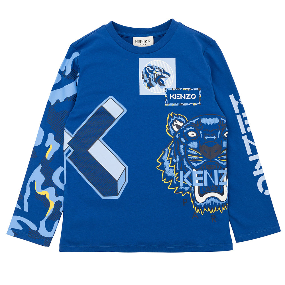 Kenzo Boys K And Tiger Logo T-shirt Blue 10Y