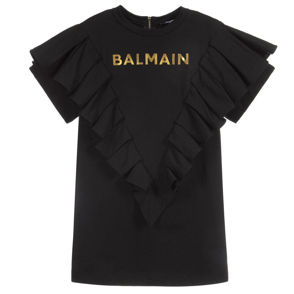 Balmain Girls Black & Gold Logo Ruffle Dress - 8Y BLACK