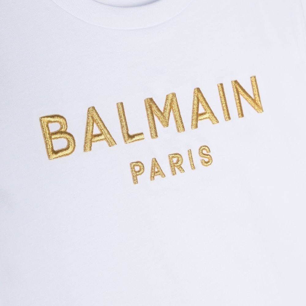 Balmain Girls Embroidered Gold Logo Dress White 8Y