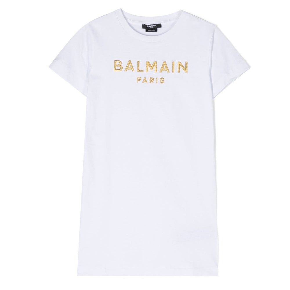 Balmain Girls Embroidered Gold Logo Dress White 10Y
