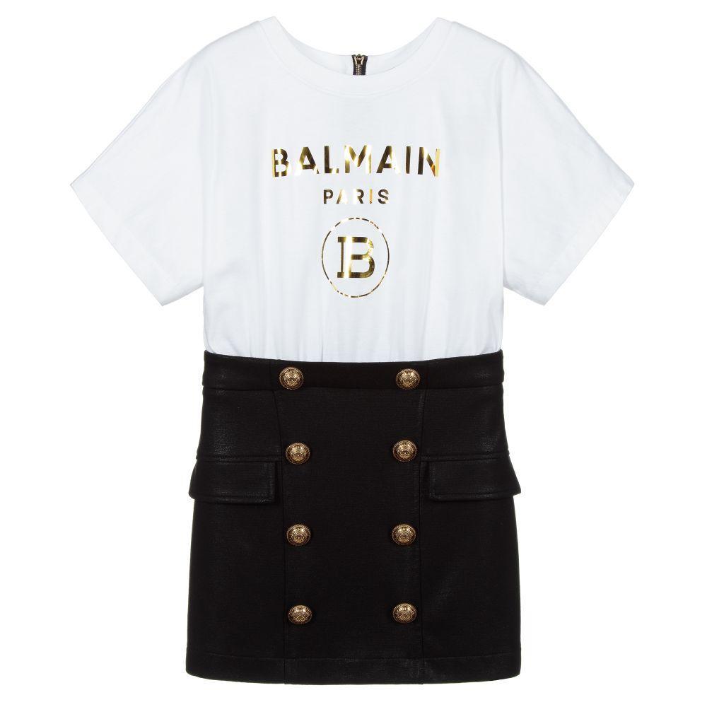 Balmain Girls Gold Foil Logo Dress White 16Y White/black