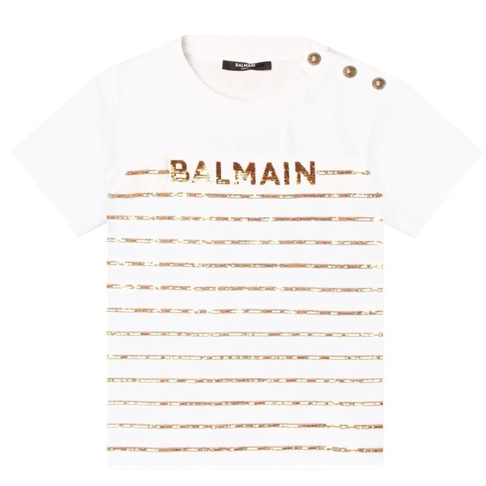 Balmain Girls Gold Stripe T-shirt White 12Y