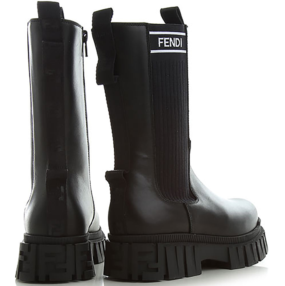 Fendi Girls Chunky Leather Boots Black Eu33