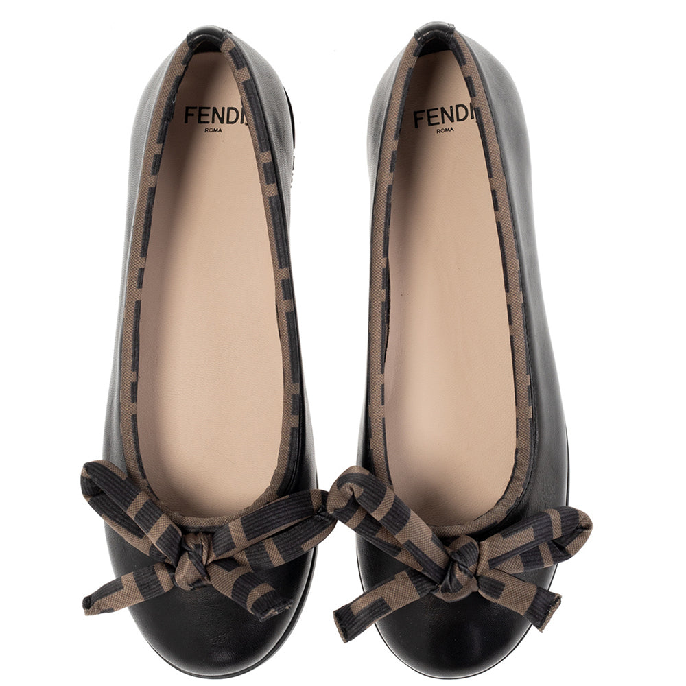 Fendi Girls Ff-motif Bow-detail Ballerina Shoes Black Eu33