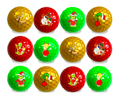 cartoon Grinch characters on red, green and gold golf balls